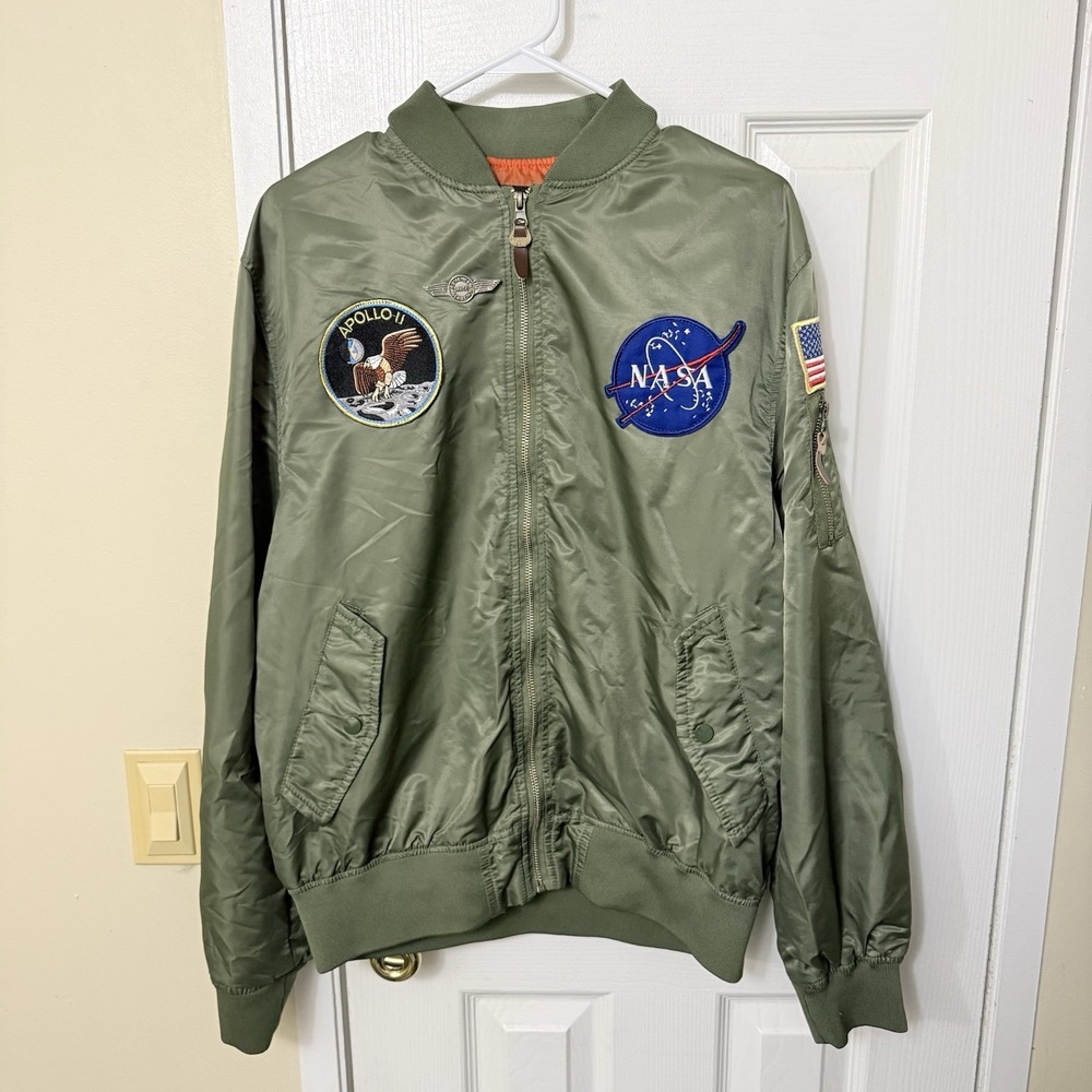 Da Fei Li NASA Green XL Space Shuttle Windbreaker Flight Jacket Bomber Retro